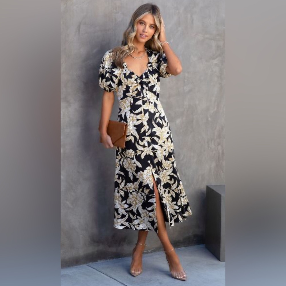 Estella Floral Puff Sleeve Midi Dress